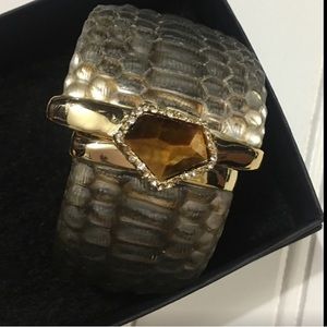 Alexis Bittar Reptile Taupe lucite hinged bracelet w/tiger eye stone & crystals.